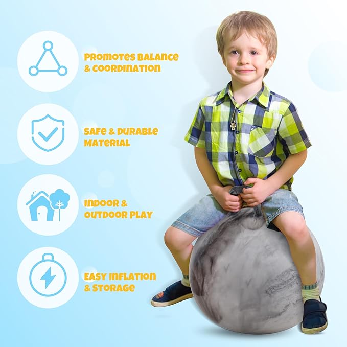 Upper Rider Clouds Hopper Ball for Kids,20 Inch Bouncy Ball with Handle,Grey Inflatable Hippity Hop for Boys Girls Aged 6-12, Indoor Outdoor Jumping Toys Gift with Pump