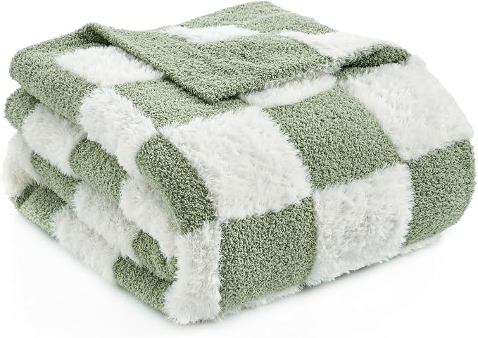 Snuggle Sac Sage Green Checkered Throw Blanket Faux Fur Knitted with Microfiber Yarn, Cozy Soft Warm Spring Blankets for Couch,Sofa,Bedroom,Sage Green Checker,50x60 inches