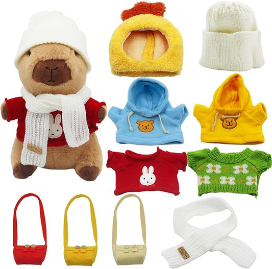 Capybara Plush with 10 pcs Clothes & Accessories, Dress Up Capybara Stuffed Animal Plush Toys with Outfits, Including 10 Sets of Clothing and Accessories, Suitable for Boys and Girls as Birthday Gifts