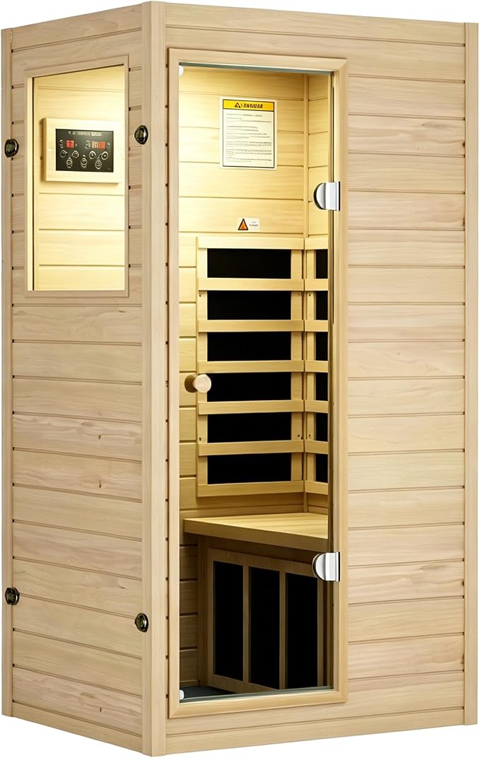 Kanlanth 1 Person Infrared Sauna - Premium European Aspen Wood, 905W Energy Efficient, Low EMF Indoor Sauna, Bluetooth Speakers, Compact Home Spa for Small Spaces, 36.6"x29.3"x63", Left Door