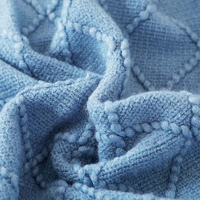 BOURINA Blue Throw Blanket 60x80 Inch Boho Knitted Soft Throw Sofa Blanket | Knitted Throw Blanket 60x80 Inches, Soft Lightweight Boho Weave Throw Decorative Couch Blanket for Living Room Bedroom Chair