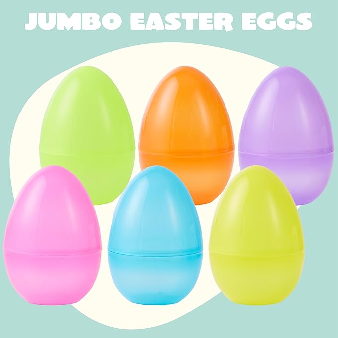 JOYIN 6 Pcs Large Clear Easter Eggs, 6 Inches Jumbo Plastic Eggs Fillable for Easter Themed Hunt Colorful Basket Stuffers Fillers Filling Treats Party Favor Classroom Prize Supplies