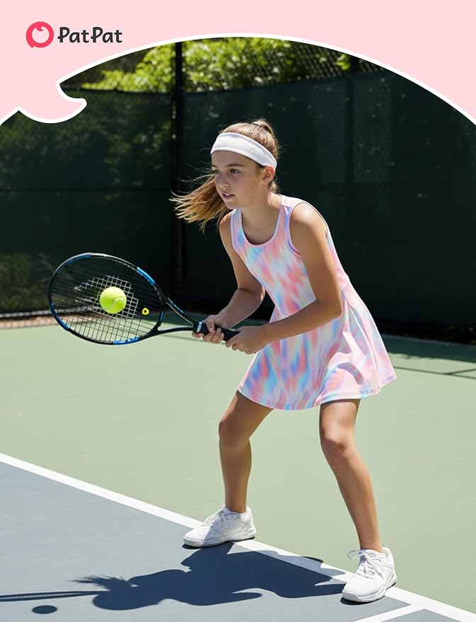 PATPAT Girls Athletic Dress Tennis Summer Outfit with Headband & Shorts | Quick-Dry RapidAir-C Fabric, Lightweight Breathable Golf Dress, Sweat-Wicking 2 Piece sets, Two Hidden Pockets