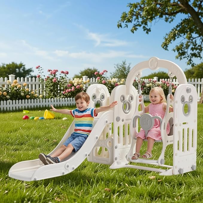 Arlopu 7 in 1 Toddler Slide and Swing Set, Kids Climber Playset with Ball & Hoop, Telescope, Suction Cup Reinforced Base, Baby Indoor Outdoor Playground (White)