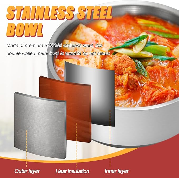 Stainless Steel Rice Bowl with Lid, Set of 2, for Korean Kitchen Restaurant, Double-walled Metal Bowls, Multi-Purpose Insulated Soup Bowls Snacks Bowls (13cm Silver)