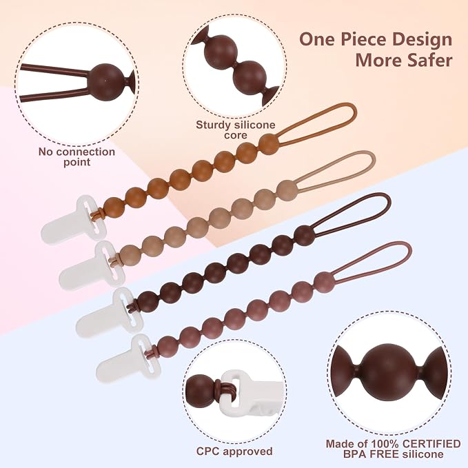 4-Pack Silicone Pacifier Clips with One-Piece Beads for Baby Boys and Girls - Flexible and Rust-Free Holders for Teething Relief and Baby Essentials, Safe for Newborns (Brown)