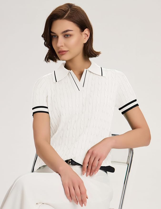 Micoson Womens Short Sleeve Sweater Tops Lapel V Neck Polo Shirts 2026 | Summer Cable Knit Loose Blouses, Business Casual Outfits