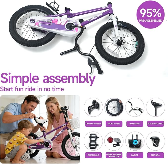 WinHope Kids Bike, 12-18 Inch Toddler Bicycle with Removable Training Wheels and Dual Brakes, Children Bike for Beginner with Adjustable Seat and Headlebar for 2-9 Years Boys Girls, Multiple Colors