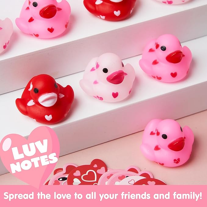 JOYIN 24 Pcs Valentine’s Day Mini Rubber Duck 1.2 Inches with Gift Cards, Small Rubber Duckies with Duck Card Tags, Rubber Duck Bath Toys for Classroom Exchange Prizes, Valentine Party Favors Toys