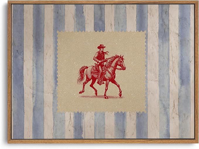 ZZLWBKGL Western Wall Decor Cowboy Canvas Art Vintage Framed Wall Art | Country West Stamp Artwork Mid Century Aesthetic for Living Room Bedroom 12x16in