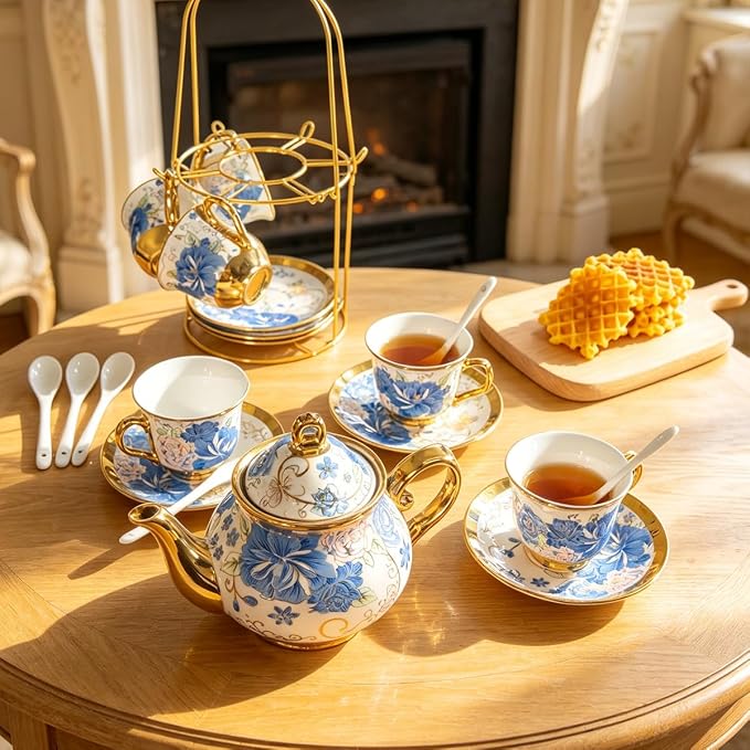 CHANJOON Gold Plated Red Rose Ceramic Tea Set, Vintage Tea Sets with Teapot, Beautiful Tea Set Coffee Serving 6 People (Blue Rose, large)