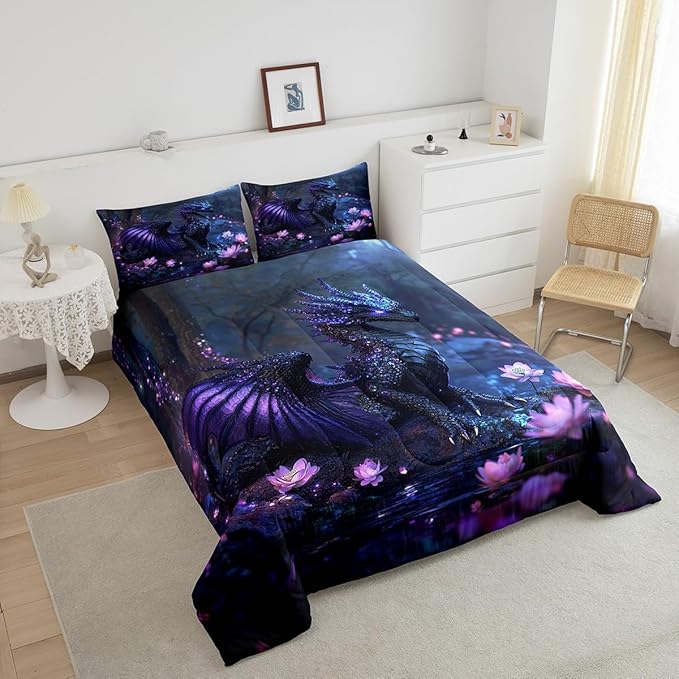 Feelyou Dragon Comforter Set Toddler Size Dragon Stuff Comforter for Boys Girls Teens Wild Life Bedding Set Flower Duvet Set Room Decor Black Purple Quilt Set