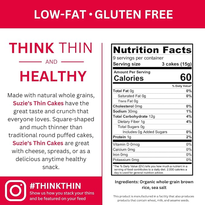 Suzie's Organic Brown Rice Cake Thins|6 Pack|Lightly Salted Low Sodium|USDA Organic, NON-GMO, Fat-Free, Sugar-Free, Gluten-Free|Low-Calorie Snack-21 Calories Per Slice|Bread & Cracker Replacement