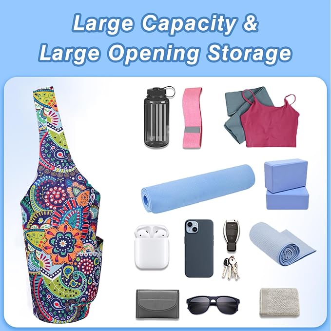 Yoga Mat Bag - Large Opening Long Tote Yoga Mat Carrier Holder Bag with Waterproof Wet Zipper Pocket and Drawstring Water Bottle Pocket - Yoga Bag Fit Most Size Mats