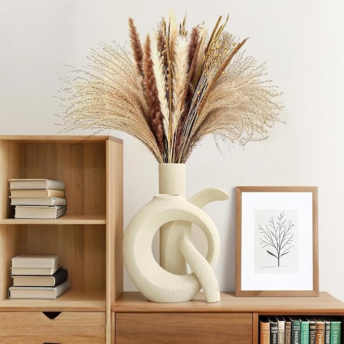 Ceramic Vase Set of 2, OK Shape, Modern Nordic Boho Home Decor - Matte Minimalist Decorative Vases for Living Room, Shelf, Wedding Centerpiece, Table Decor (Cream White)