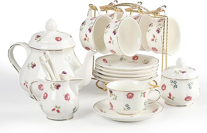 Sweejar 23 Pcs Floral Tea Sets with Metal Holder, Relief Gold Rim Porcelain Tea Sets for Adults, Cup and Saucer Set for 6, with Teapot, Sugar Bowl, Milk Jug, Spoons (Garden)