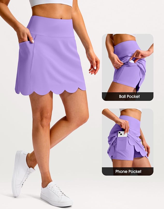 16" Skorts for Women with 4 Pockets High Waisted Scalloped Hem Athletic Tennis Skirt Golf Skort Dressy Casual