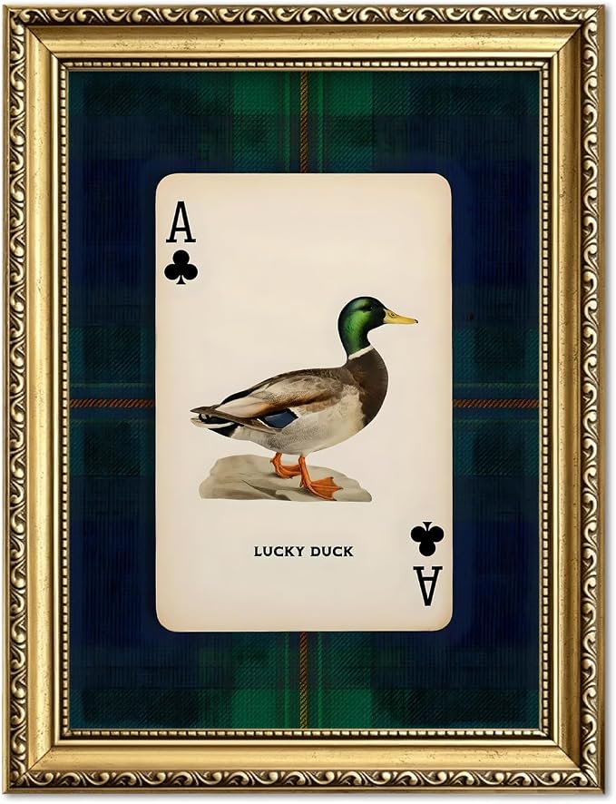 Gold Framed Vintage Mallard Duck Wall Art, Hunting Lucky Duck Wall Decor Picture Dark Wildlife Playing Card Canvas Print Painting for Farmhouse Bedroom Living Room 8x10 inch