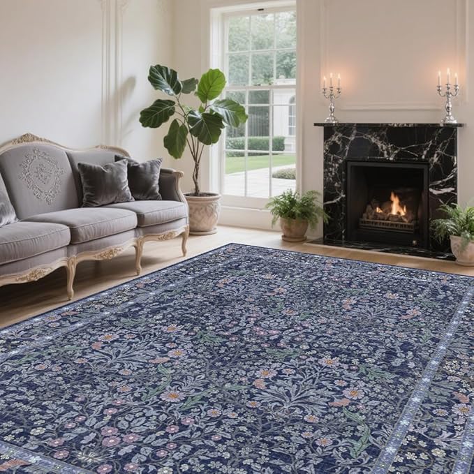 5x7 Washable Area Rugs for Living Room, Stain Resistant Vintage Rugs for Dining Room Under Kitchen Table, Bedroom, Floral Low Pile Non-Slip Large Carpet (5 x 7 Blue)