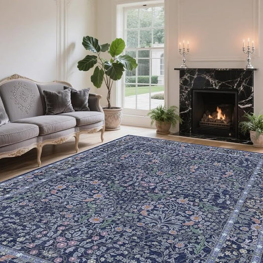 6x9 Washable Area Rugs for Living Room, Stain Resistant Vintage Rugs for Dining Room Under Kitchen Table, Bedroom, Floral Low Pile Non-Slip Large Carpet (6 x 9 Blue)