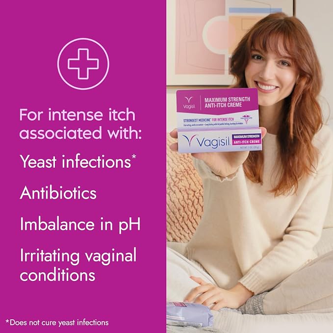Vagisil Maximum Strength Feminine Anti-Itch Cream with Benzocaine for Women, Helps Relieve Yeast Infection Irritation, Gynecologist Tested, Fast-acting, Soothes and Cools Skin, 1 oz (Pack of 4)