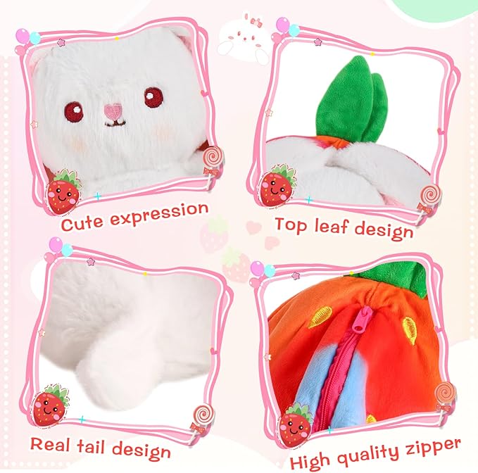 MIAODAM Rainbow Strawberry Bunny Stuffed Animal, Rainbow and Strawberry Bunny Plush Turn Into Rabbit Fruit Doll, Plushie Funny Bunny Toy for Baby (10 inch)