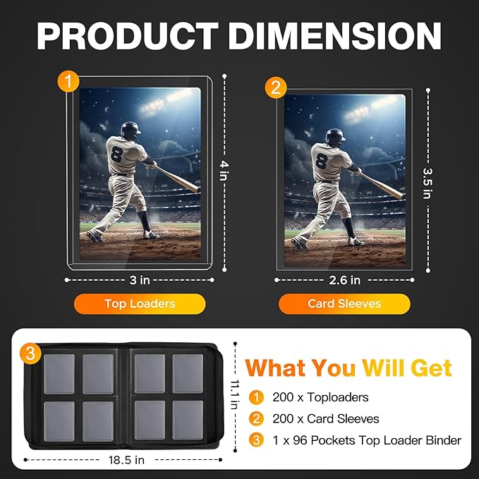 400 Card Sleeves Top Loaders for Cards Included 96 Pockets Top Loader Binder, 3" x 4" Baseball Card Protector Hard Plastic Card Holder for Sports Trading Cards (200 Toploaders + 200 Soft Sleeves)