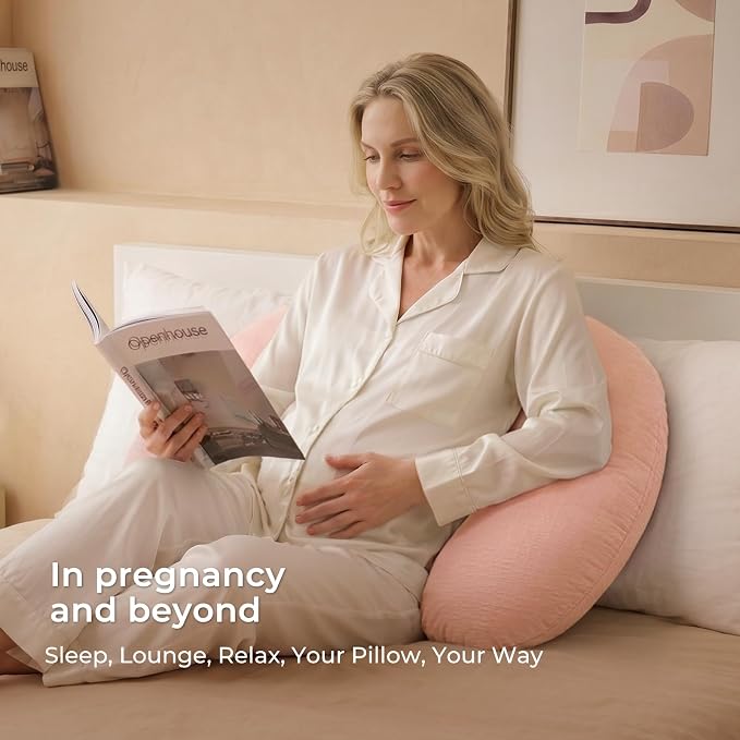 Momcozy Pregnancy Pillows for Side Sleeping, J Shaped Maternity Body Pillow for Pregnancy, Soft Pregnancy Pillow with Cotton Cover for Head Neck Belly Support, Pink