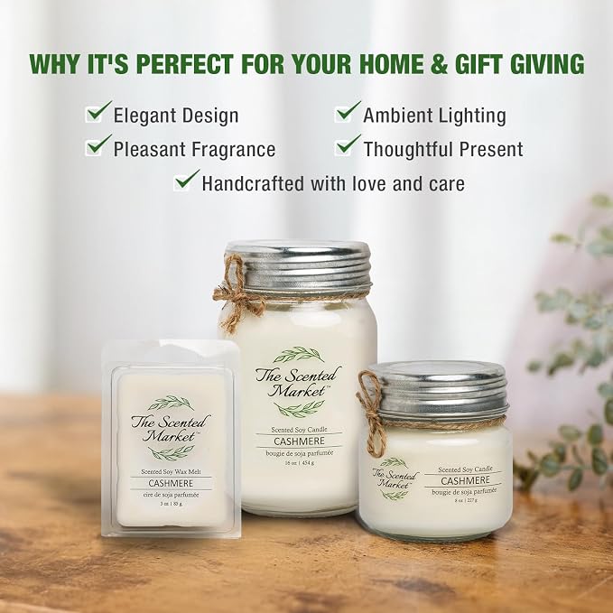 The Scented Market Aromatherapy Soy Wax Candle Cashmere 8 oz Mason Jar, Over 50 Hours of Burn Time, Ideal for Home Decor and Gifts