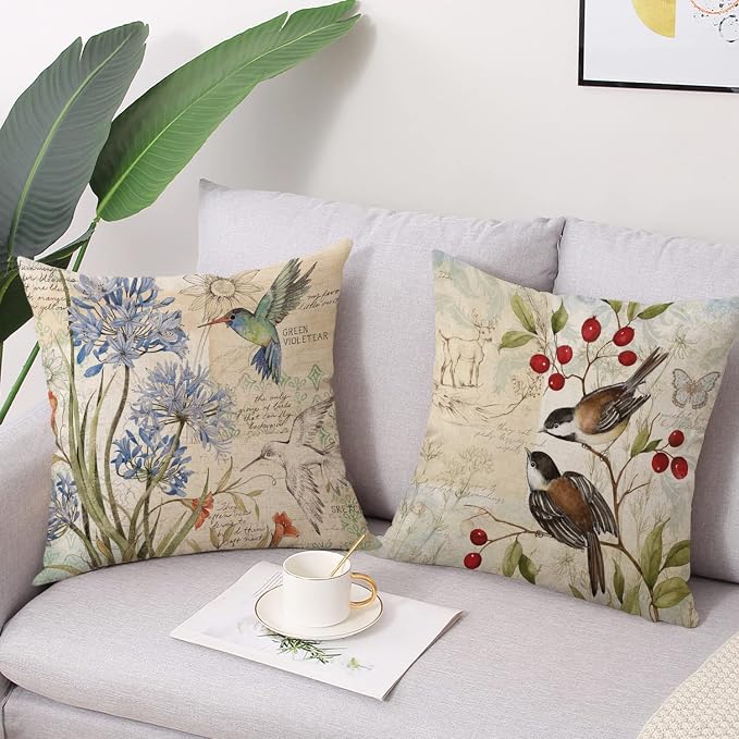wyooxoo Farmhouse Pillow Covers 18x18 Set of 4 Spring Summer Throw Pillow Covers Linen Flower Butterfly Bird Decorative Pillowcases for Sofa Couch Living Room Outdoor