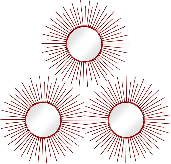 3 Pack Metal Mirrors for Wall Sunburst Wall Mirrors Home Décor Decorative Hanging Wall Art for Living Room Bedroom Entryway (Red, Sunburst)