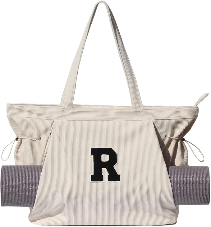 ESVAN Corduroy Yoga Tote Bag Gifts for Women Drawstring Yoga Mat Bag for Office Workout Travel Carryall Pilates Gym