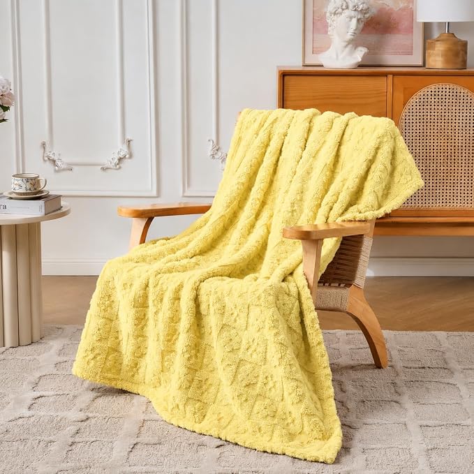 Yellow Floral Plush Throw Blanket 50 x 60 Inch, Soft Fuzzy Fleece, Cozy Decorative Blanket for Couch, Sofa, Bed and Bedroom
