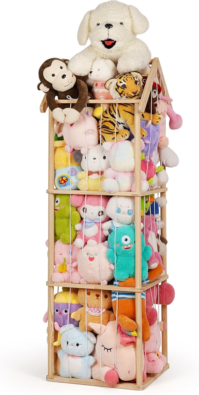 Stuffed Animal Storage, Space Saving Vertical Stuffed Animal Holder Wood, Easy Assembly Cottage-Style Plush Toys Organizer for Kids Bedroom & Playroom (Wood)