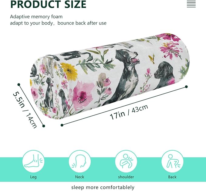Watercolor Dogs Flowers White Neck Roll Pillow Bolster Round Health Memory Foam Long Cervical Cylinder Pillows with Removable Washable Cover for Body Bed Legs Back Yoga