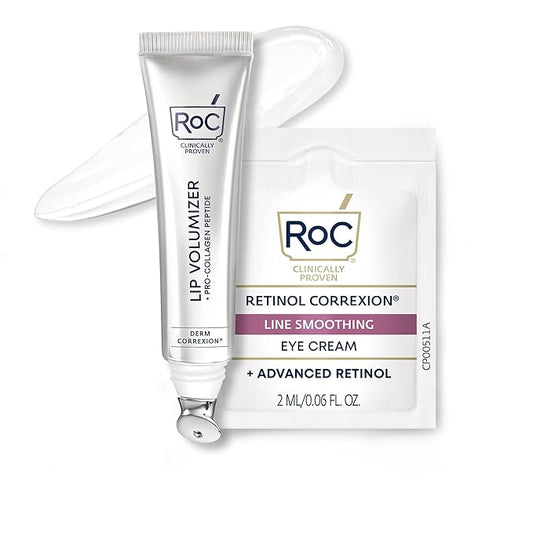 RoC Derm Correxion Lip Volumizer - Lip Plumper Peptide Treatment with Hyaluronic Acid & Vitamin E + Line Smoothing Eye Cream Packette