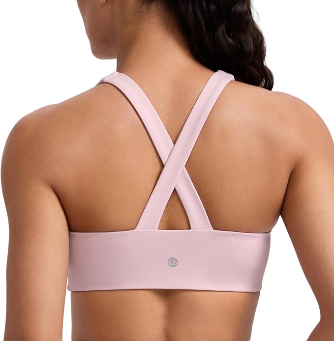 CRZ YOGA SculptAir Wide Straps Cross Back Sports Bras for Women - U Neck Medium Impact Wireless Padded Workout Top