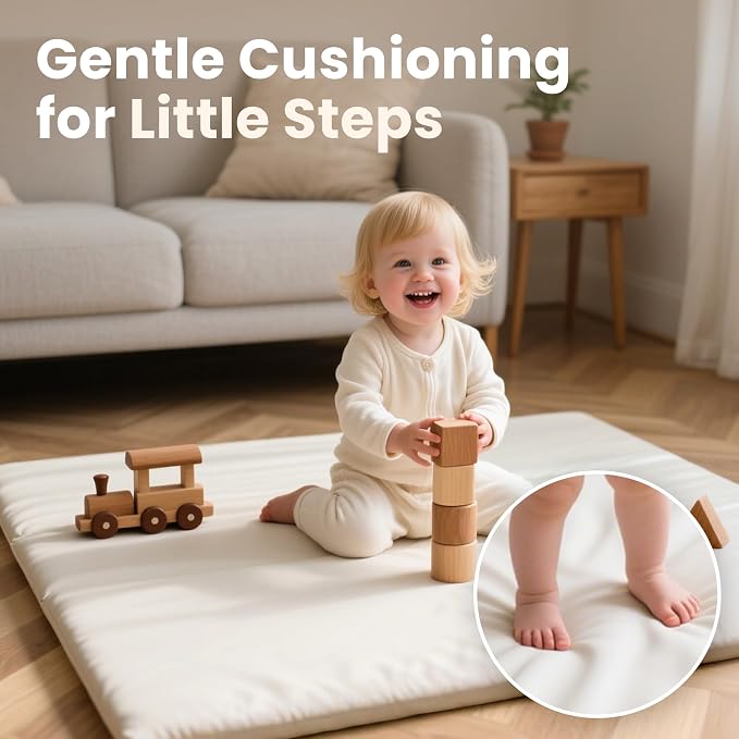 Huloo Sleep Baby Play Mat 50x50 Inches, 1.3" Thick Padded Waterproof Floor Cushion & Playpen Mat with Vegan Leather, Non-Slip & Non-Toxic Nursery Rug for Infants, Toddlers & Kids(Cream)