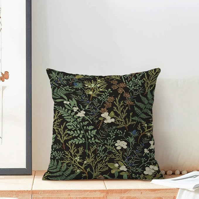 Spring Pillow Covers 20x20 Inch Set of 2,Black Sage Green Wild Flower Plant Throw Pillows Case,Seasonal Vintage Floral Outdoor Decorative Linen Farmhouse Decor Cushion Covers for Sofa Bed Couch