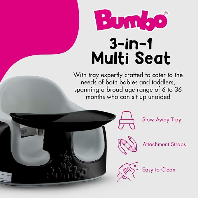 Bumbo 3-in-1 Multi-Seat for 6 to 36 Months, Travel Baby Feeding & Play Floor Seat, All-in-One Portable Booster with Tray & Toddler High Chair, Black/Monsoon