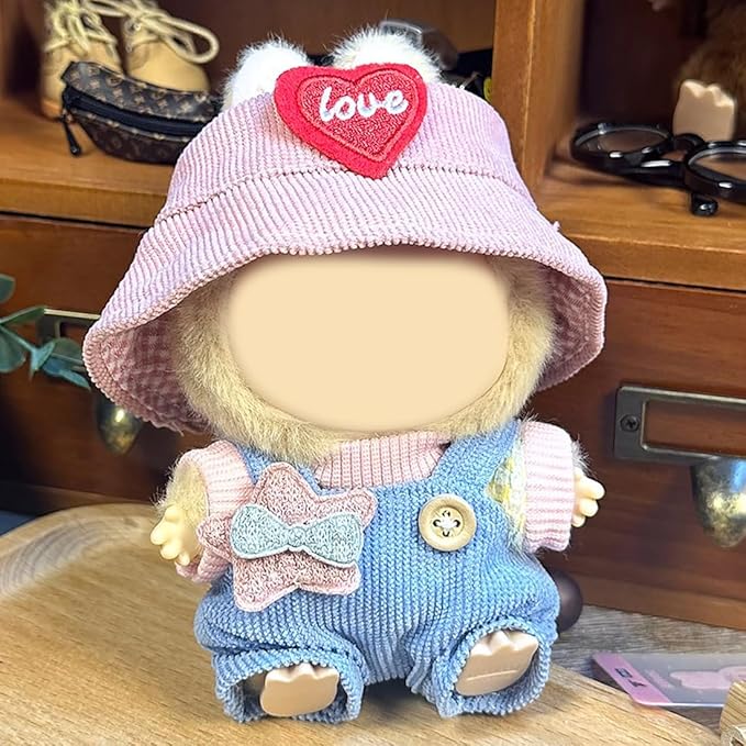 Clothes for LABUBU, Hat & Overalls Set for 17/15cm Accessories Suit, Cute Clothes for Dress up Unique Style (Pink Love Heart)