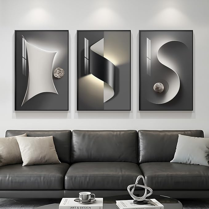3 Piece Framed Black and White Abstract Wall Art for Living Room, Large Modern Minimalist Geometric Picture Prints Paintings, Bright Style Luxury Artwork for Bedroom Dining Room Wall Decor 20x30 Inch