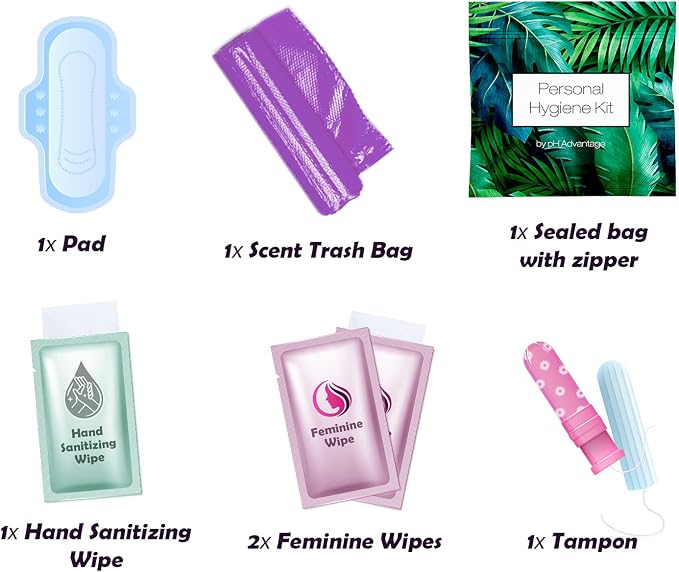 Menstrual Kit All-in-One | Convenience on The Go | Single Period Kit Pack for Travelling, Tweens & Teenagers | Individually Wrapped Feminine Hygiene Products (Green Ferns)