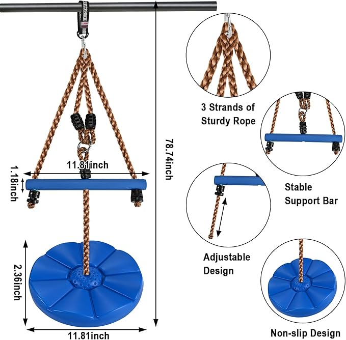GOLDGE 3pcs Kids Outdoor Swing Set with Adjustable Ropes, Disc & Ring Hangers, Trapeze Bar, U-Board Seat and Monkey Bars with EVA Soft Disc for Backyard Play