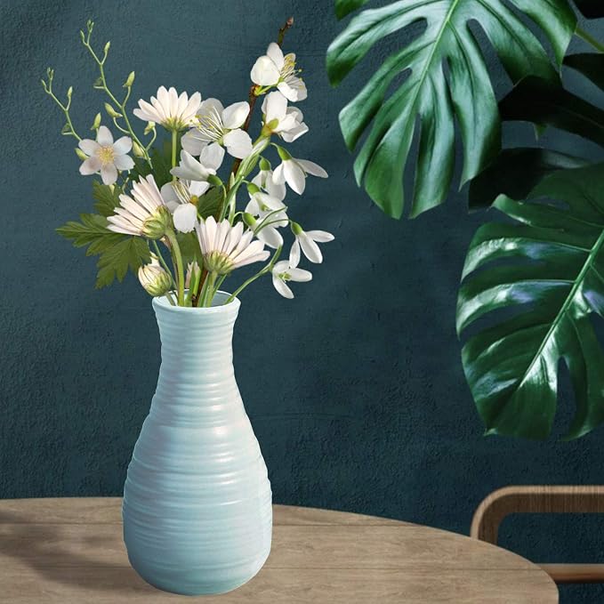 Unbreakable Vase for Flowers, Ceramic Look Plastic Vase for Home Decor, Living Room, Table (Seashell Blue)