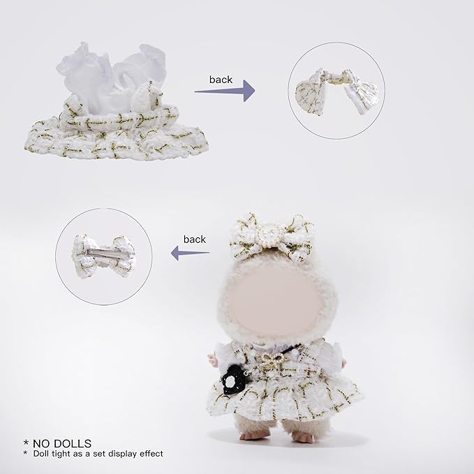 17cm Doll Clothes Set and Accessories Suit, (NO Doll) 5-Piece Set, Outfits for Clothes Set,Includes Dress, White Clothes，Matching Hair Bow, Necklace, Bags(Golden)