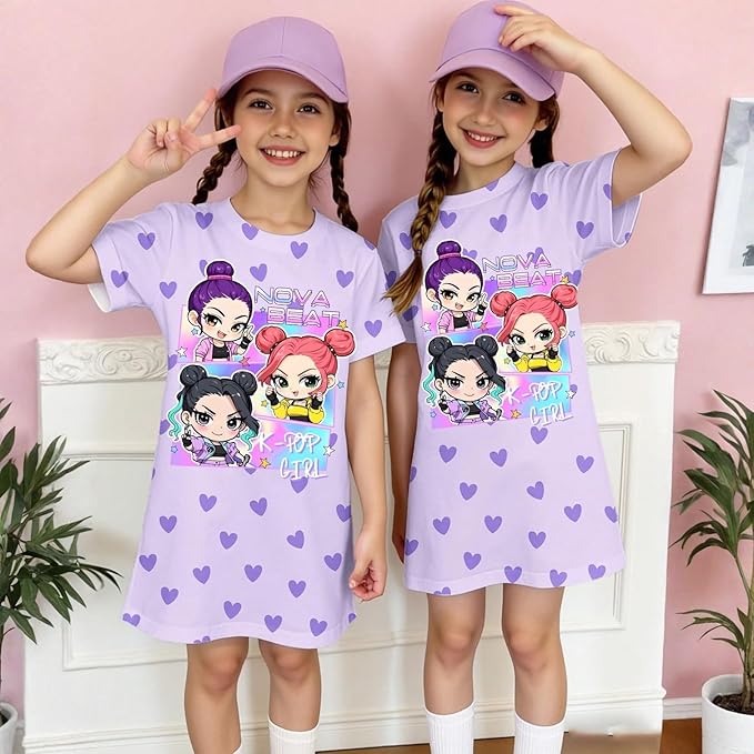 Girl's Anime K-POP Graphic Long Dress T-Shirt - Casual Loose Fit Short Sleeve Top