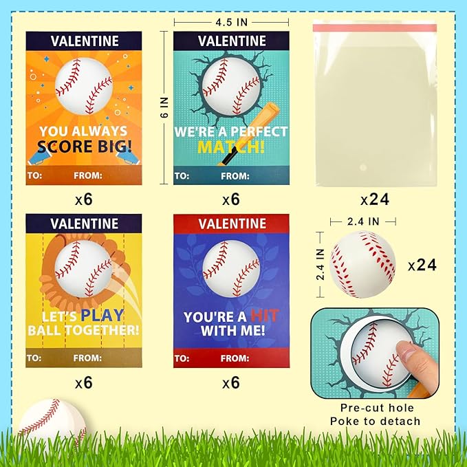 Baseball Valentines Day Cards Gifts for Kids School -24 Pack,Mini Foam Baseball Toys with Exchange Cards for Toddlers,Valentines Sport Goodie Bag Stuffer Classroom Favors Treats Prizes for Boys Girls