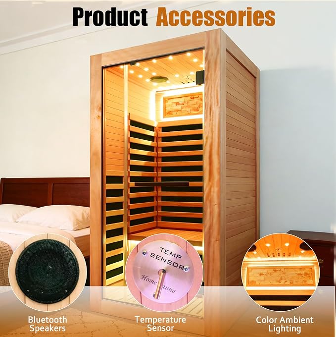 Far Infrared Sauna 1 Person Home Sauna Okoume Wood Indoor Saunas 1350W 120V with Red Light Bluetooth Speakers Oxygen Bar 35.4"x35.4"x70.9"