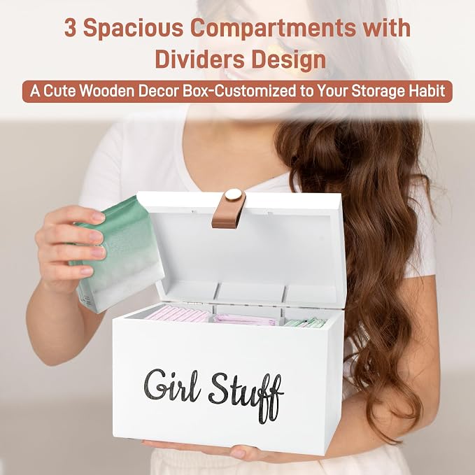 Wooden Girl Stuff Tampon Holder Box with Lid and Copper Leather Pull, Modern Bathroom Decorative Box for Feminine Product Storage and Accessories such as Tampons, Cotton Balls, Wipes, Gifts for Women